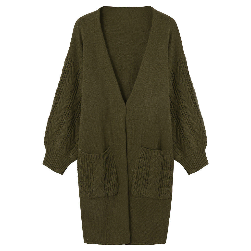 Damen Strickmantel mit tiefem V-Ausschnitt und groben Zopfstrickdetails R&B