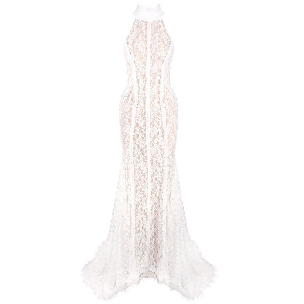 Damen Hochwertiges Spitzenabendkleid mit elegantem Kragen und transparenten Details R&B