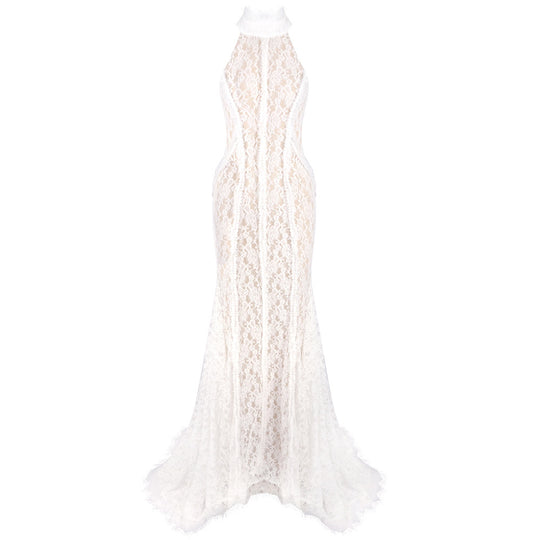 Damen Hochwertiges Spitzenabendkleid mit elegantem Kragen und transparenten Details R&B