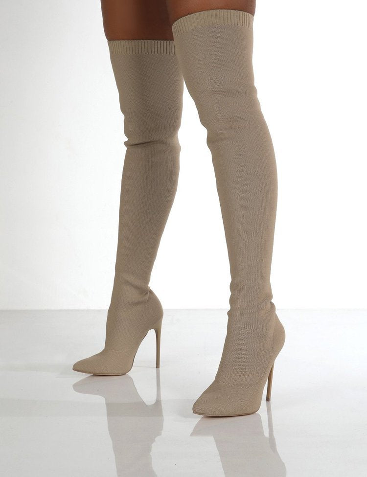Damen Overknee Stiefel mit elegantem spitzem Absatz und modischem Strickdesign R&B