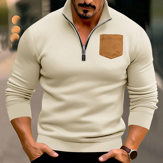Herren modischer Pullover mit halbem Reißverschluss und kontrastierender Brusttasche R&B