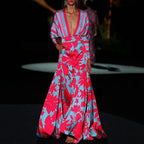 Damen Maxi-Kleid mit schwingendem Saum und tiefem V-Ausschnitt R&B
