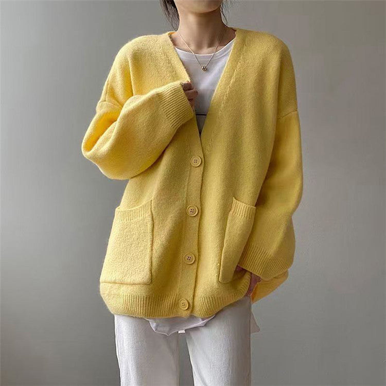 Damen Grob gestrickter Cardigan mit Taschen und V-Ausschnitt R&B