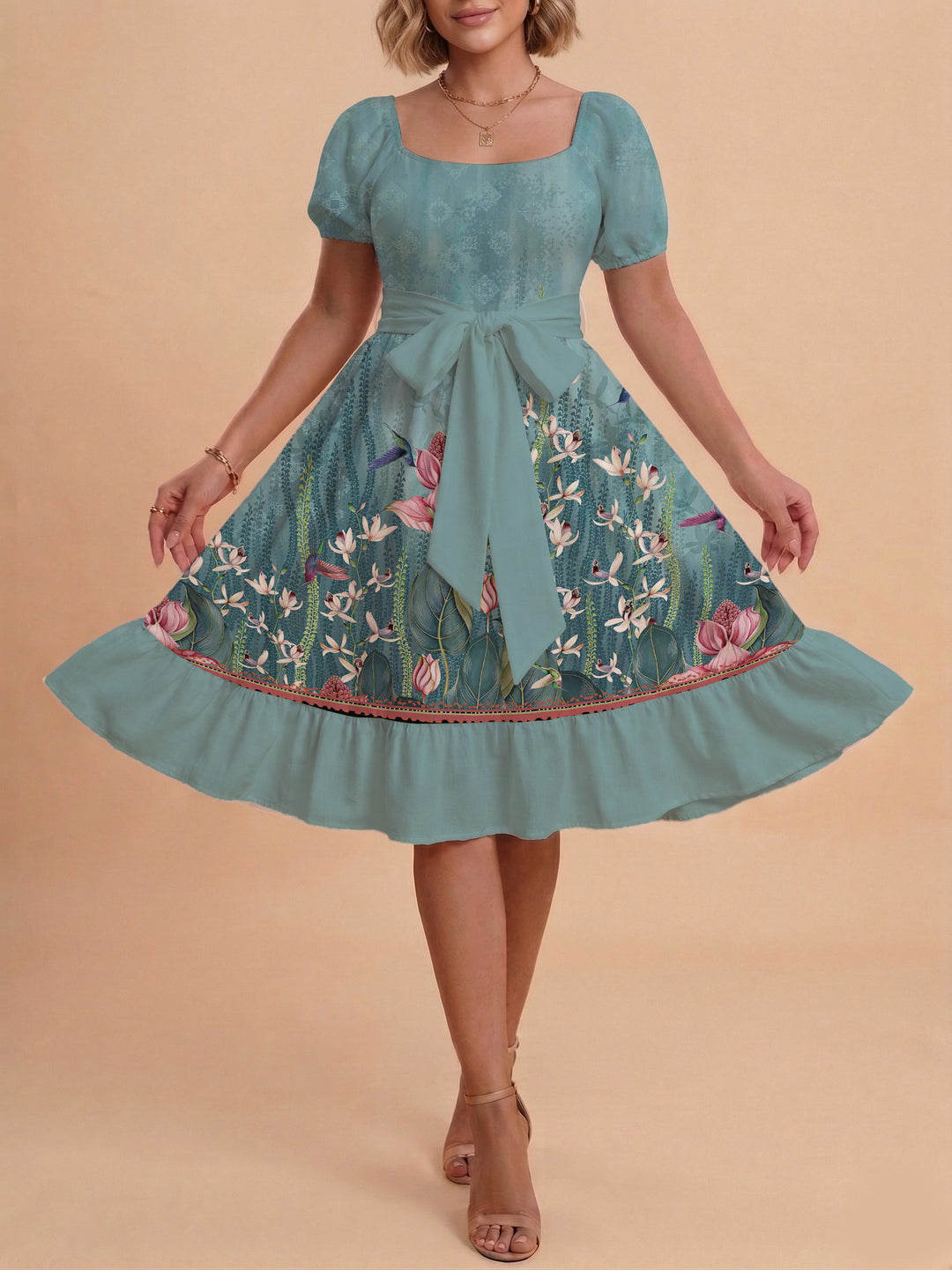 Damen schickes Glitzerkleid mit tailliertem Schnitt und Rüschensaum R&B