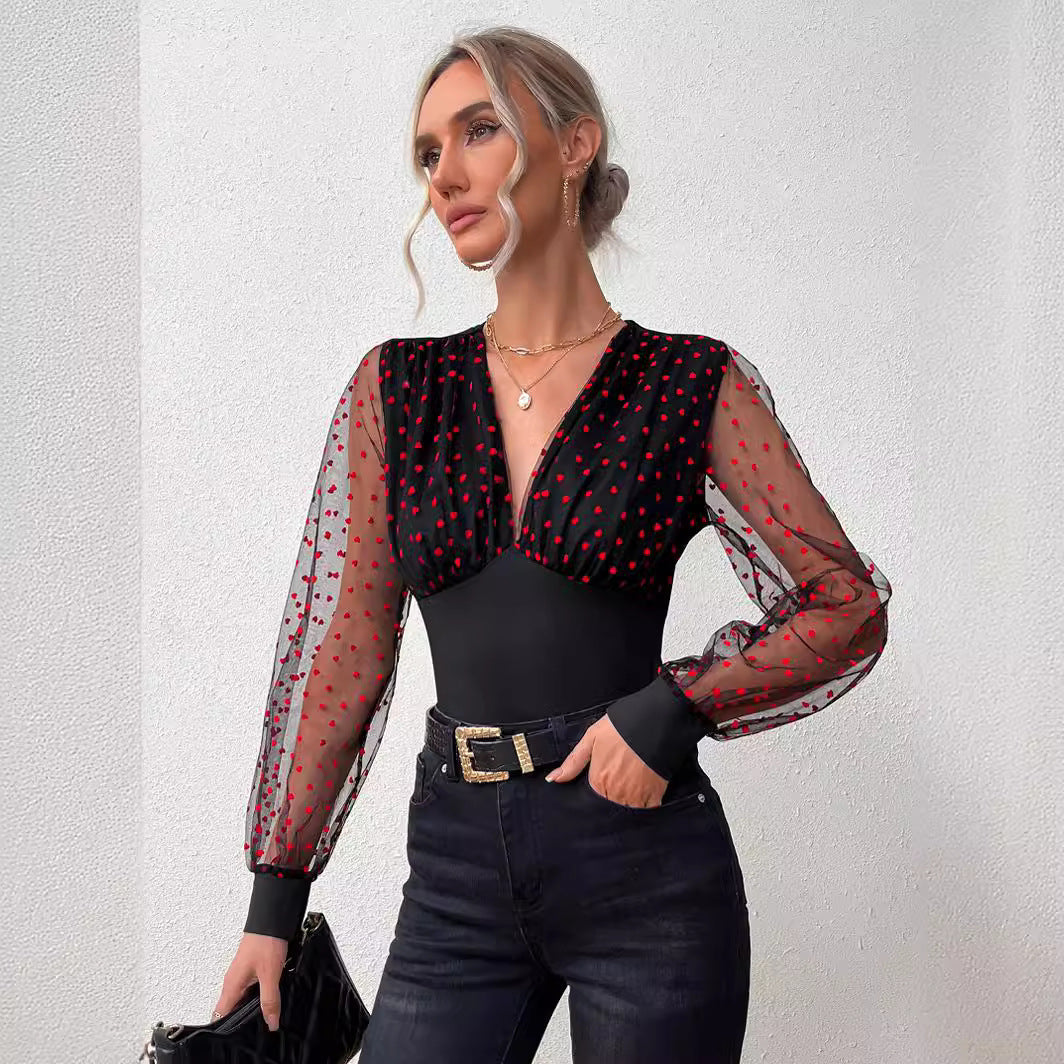 Damen Elegantes Bodysuit mit transparenten Ärmeln und Tupfen-Design R&B