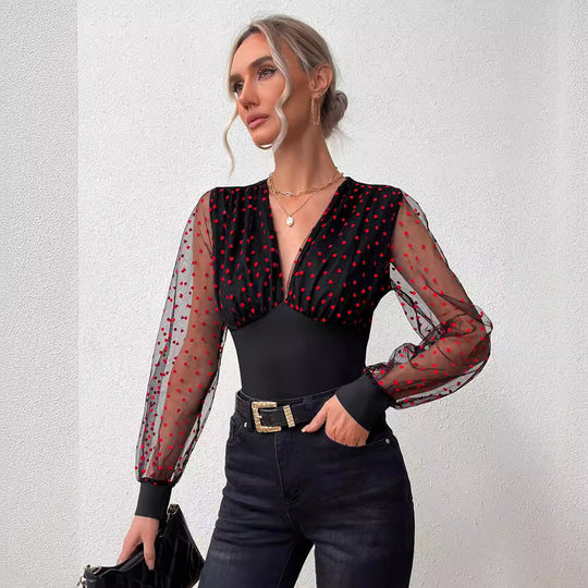 Damen Elegantes Bodysuit mit transparenten Ärmeln und Tupfen-Design R&B
