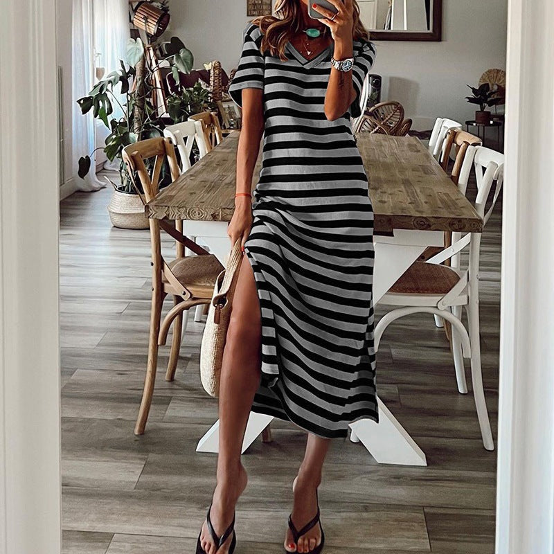 Damen Maxikleid mit verführerischem V-Ausschnitt und seitlichem Schlitz R&B