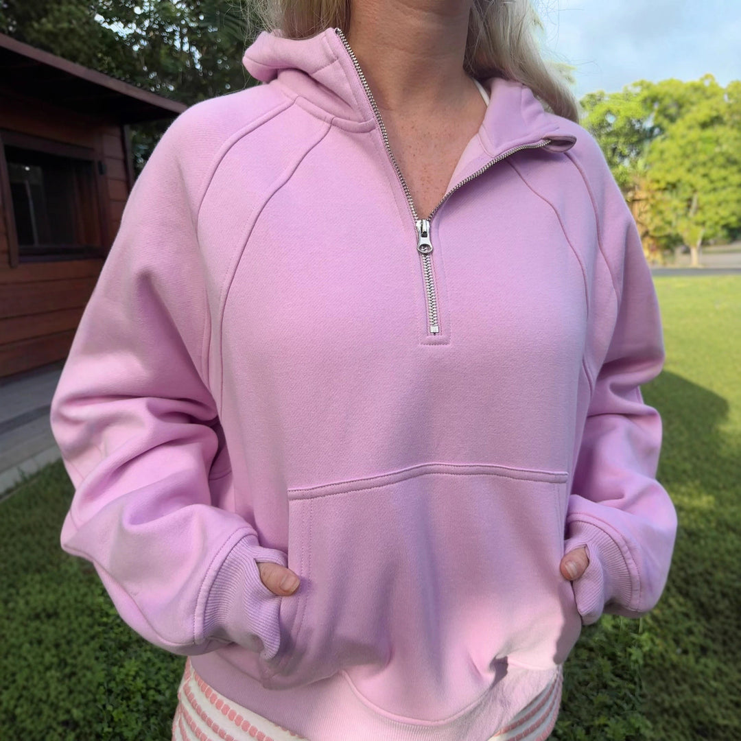 Damen bequemer Kapuzensweater mit kurzem Reißverschluss und Kängurutasche R&B