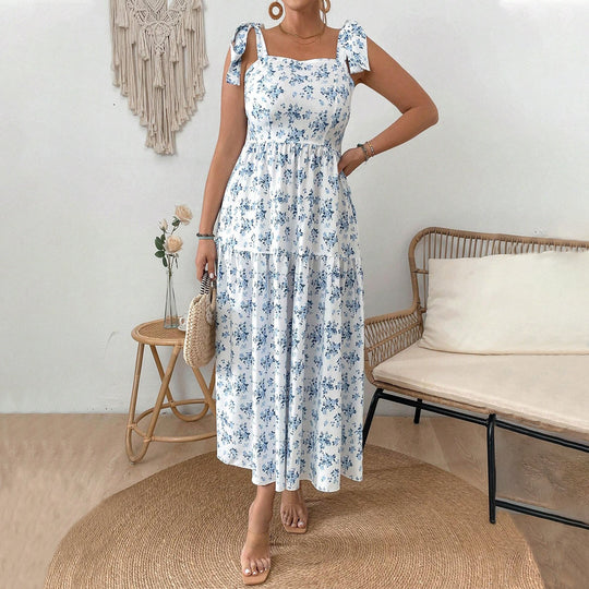 Damen Maxikleid mit floralen Mustern und schmückenden Trägern R&B