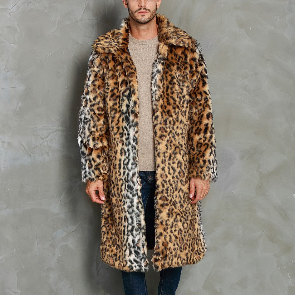 Herren Eleganter Kunstfellmantel mit Leopardenmuster und breitem Kragen R&B