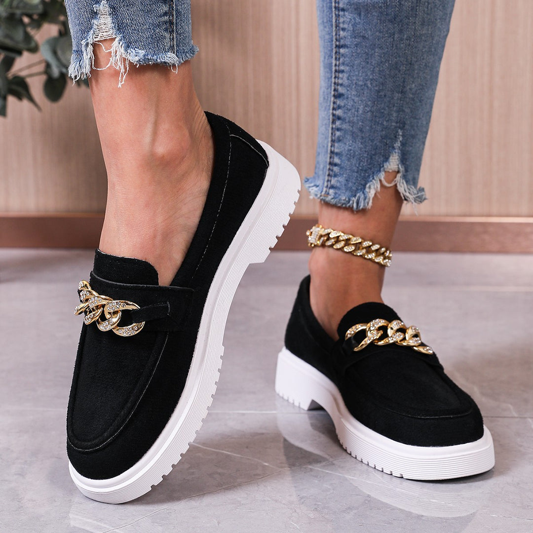 Damen modische Slip-On Loafer mit funkelndem Ketten-Detail R&B