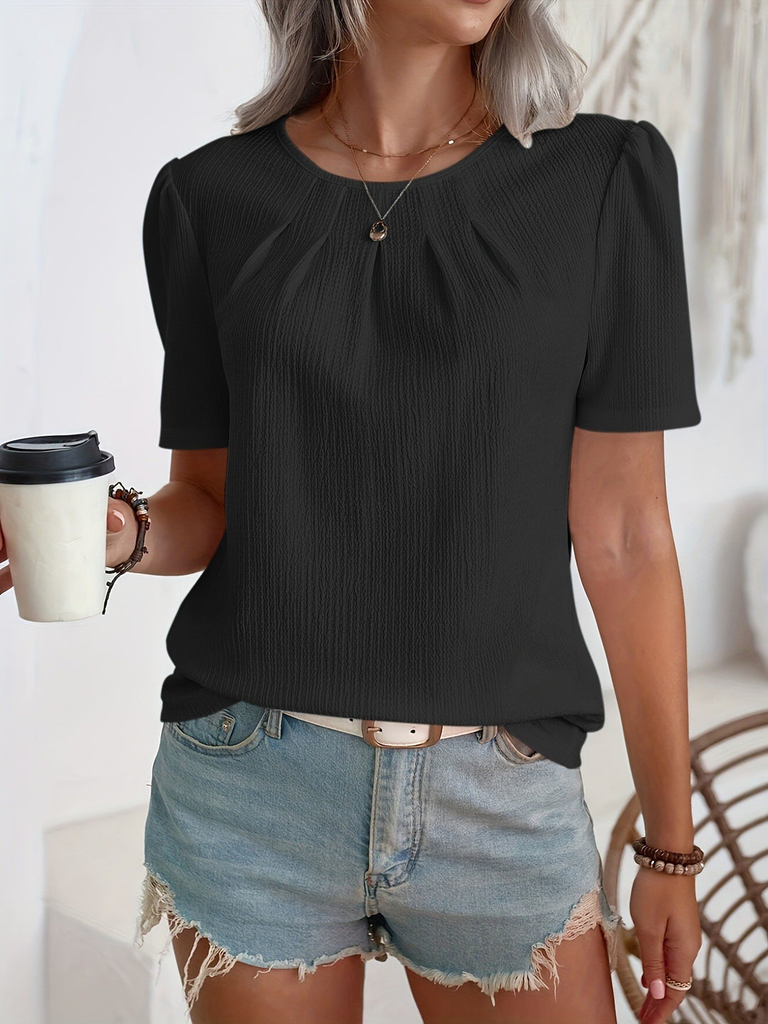 Damen Modisches Oberteil mit strukturiertem Design und Puffärmeln R&B