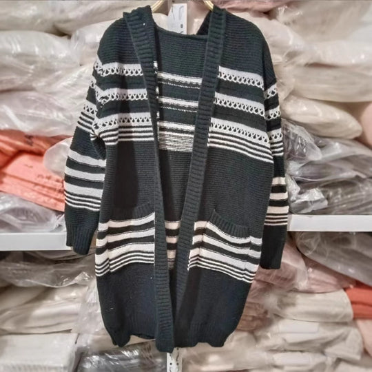 Damen Strickmantel mit Kapuze und modischem Streifenmuster R&B