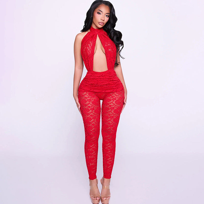 Damen Eleganter Spitzen-Jumpsuit mit tiefem V-Ausschnitt und tailliertem Design R&B