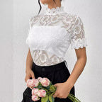 Damen nan semi-transparentes Spitzen-Top mit hohem Rüschenkragen und blickdichter Brustpartie R&B