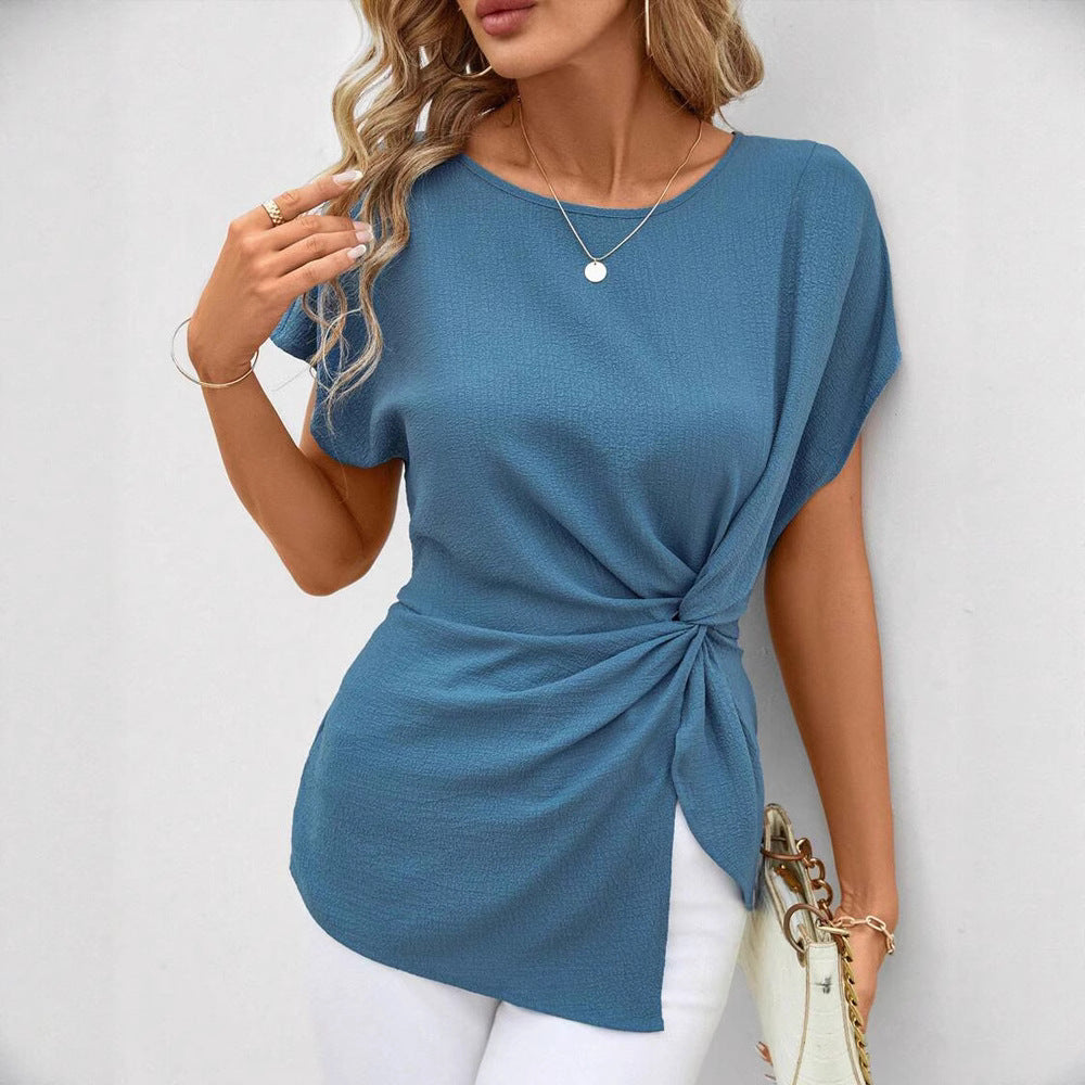 Damen nan tailliertes Kurzarm-Drapéshirt mit seitlicher Knotenschlinge und strukturierter Crêpeoptik R&B