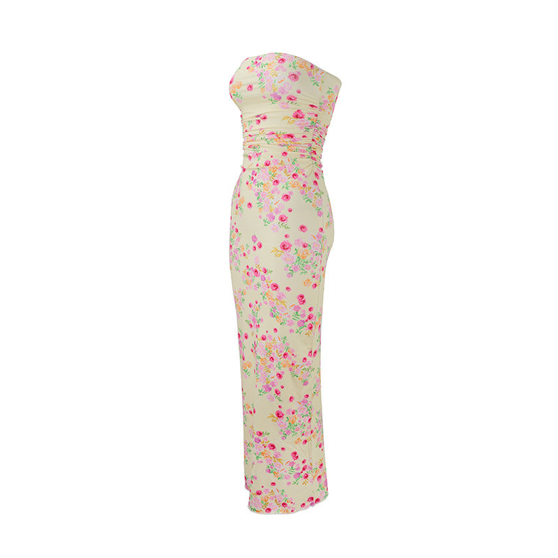 Damen elegantes, trägerloses Maxikleid mit raffiniertem Mustermix R&B