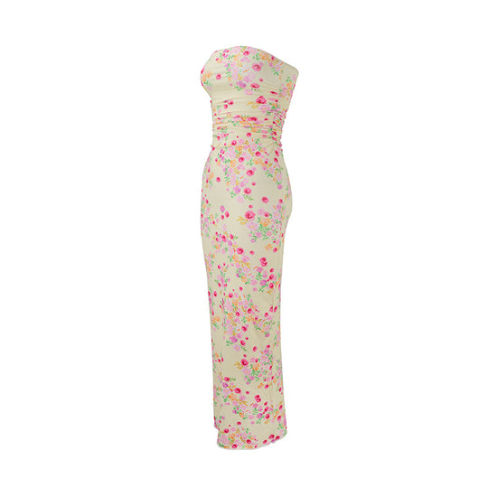 Damen elegantes, trägerloses Maxikleid mit raffiniertem Mustermix R&B