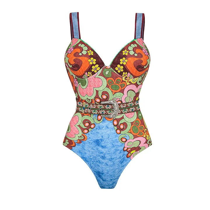 Damen Vintage Badeanzug mit buntem Muster und Schmuckgürtel R&B