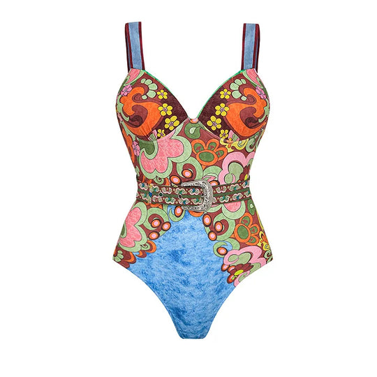 Damen Vintage Badeanzug mit buntem Muster und Schmuckgürtel R&B
