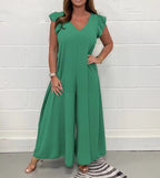 Damen luftiger Jumpsuit mit weit geschnittenem Bein und V-Ausschnitt R&B