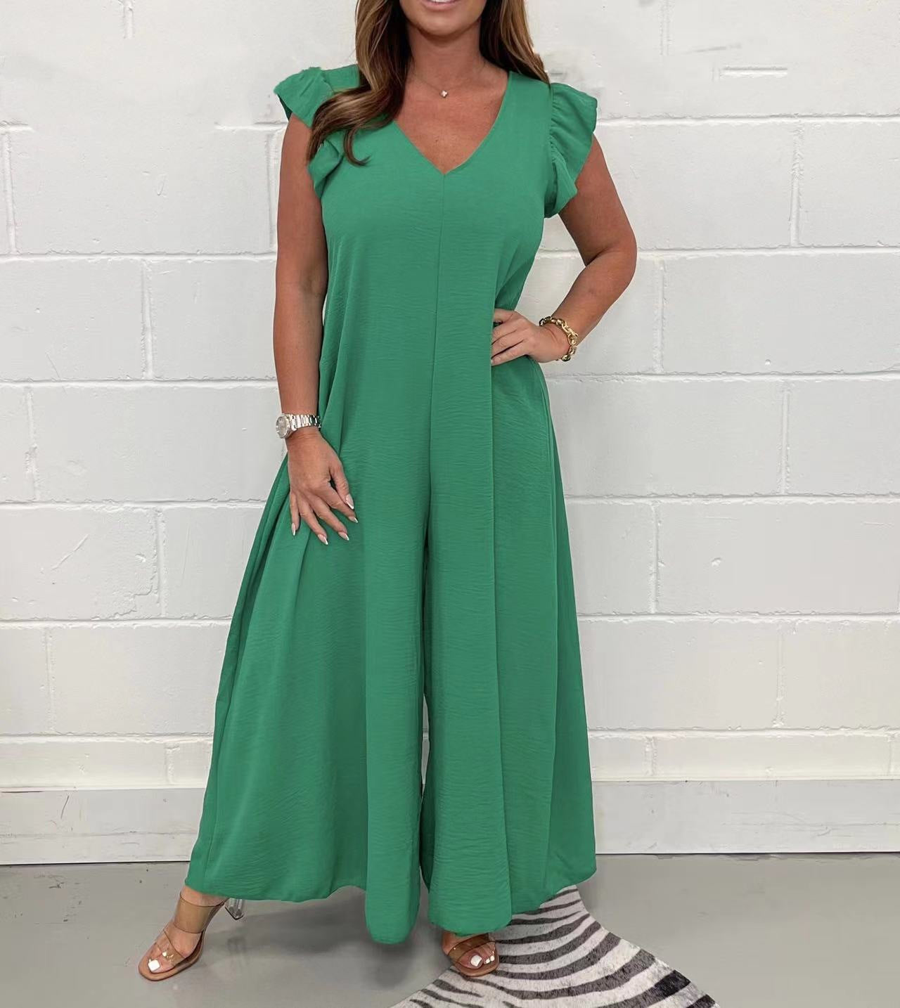 Damen luftiger Jumpsuit mit weit geschnittenem Bein und V-Ausschnitt R&B
