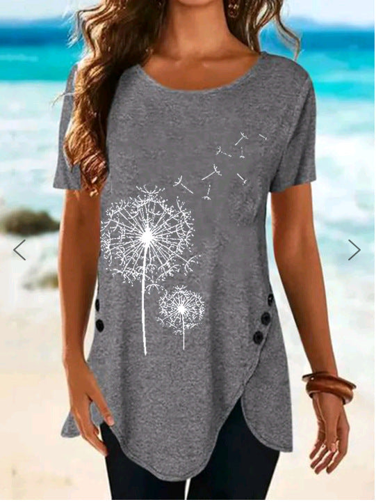 Damen Kurzarmshirt mit asymmetrischem Saum und Dandelion-Print R&B
