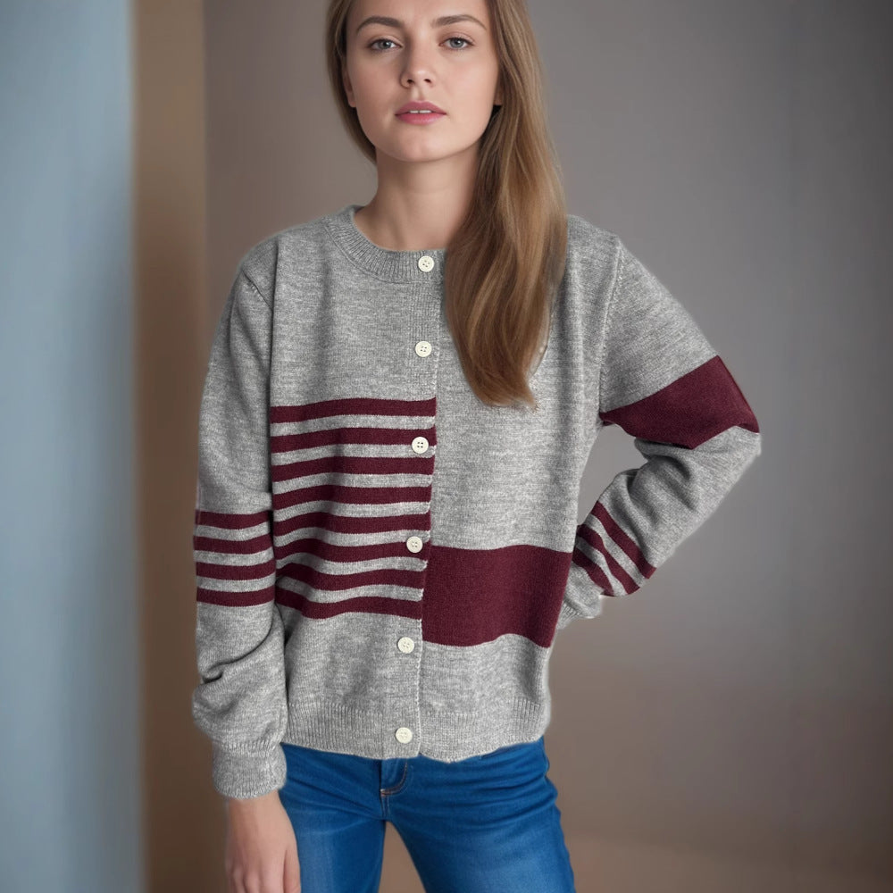 Damen Strickjacke mit modernen Streifenmustern und Knopfverschluss R&B