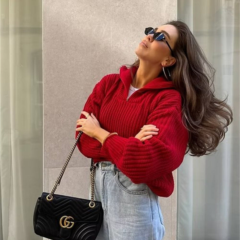 Damen Grober Strickpullover mit hohem Kragen und Reißverschluss R&B