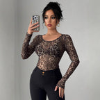 Damen Transparente Langarm-Bluse mit Leopardenmuster R&B