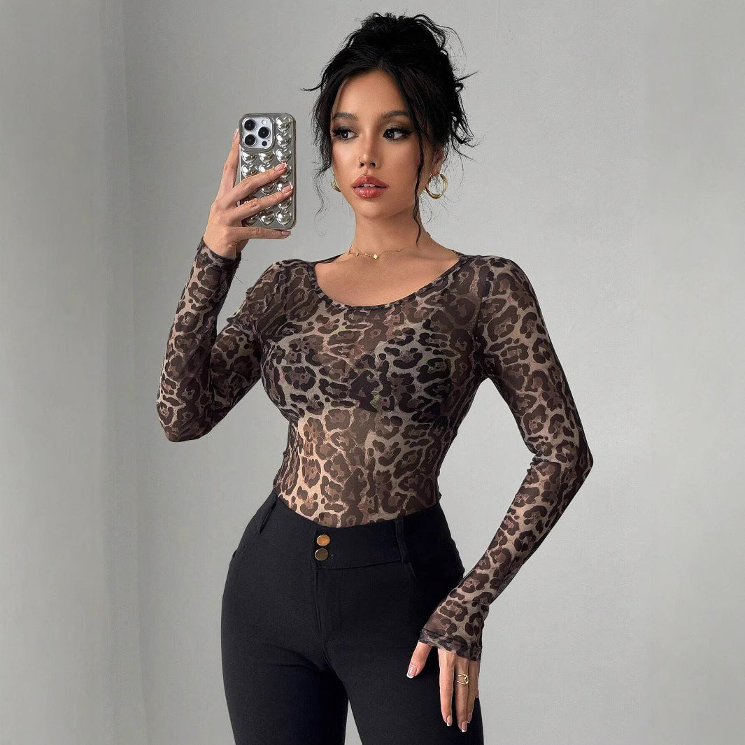 Damen Transparente Langarm-Bluse mit Leopardenmuster R&B