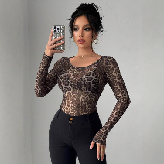 Damen Transparente Langarm-Bluse mit Leopardenmuster R&B
