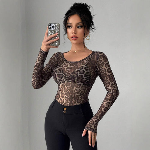 Damen nan eng anliegendes semitransparentes Meshshirt mit Leopardenmuster und Rundhalsausschnitt R&B