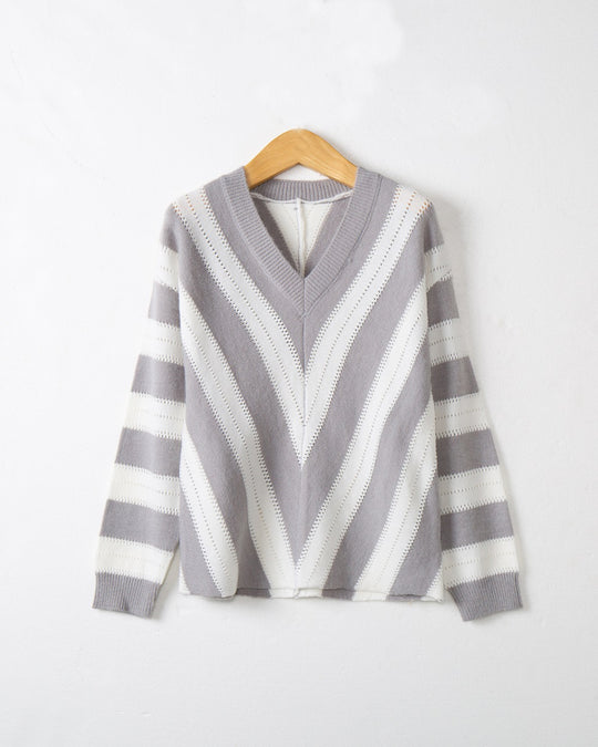 Damen V-Ausschnitt Strickpullover mit raffiniertem Streifenmuster R&B