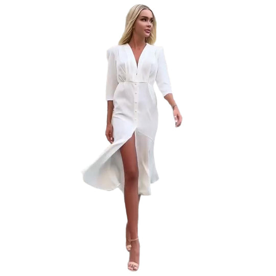 Damen Hemdblusenkleid mit elegantem V-Ausschnitt und Knopfleiste R&B