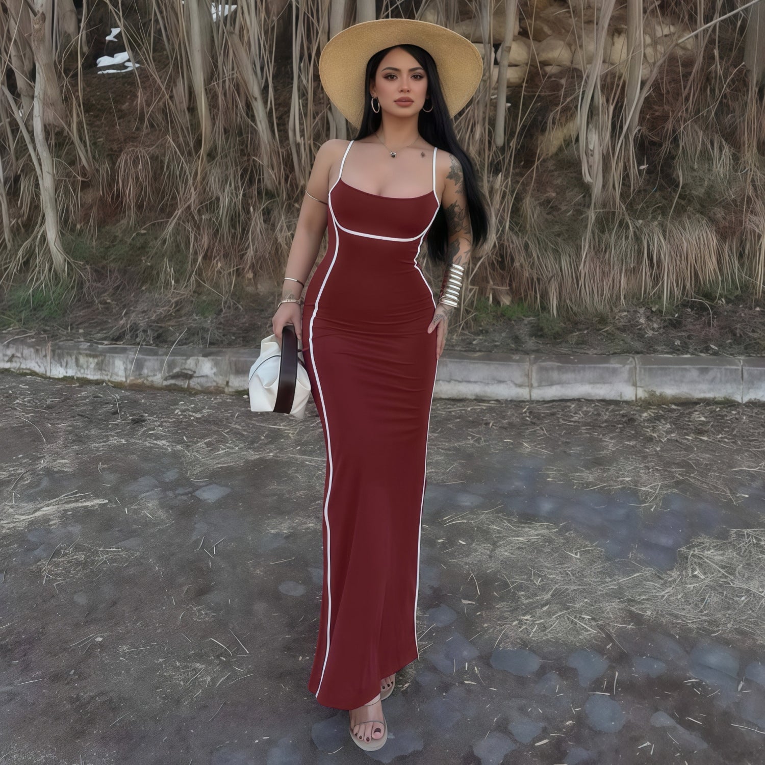 Damen elegantes Maxikleid mit schmalen Trägern und figurformendem Schnitt R&B