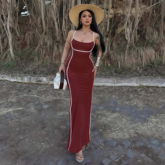 Damen elegantes Maxikleid mit schmalen Trägern und figurformendem Schnitt R&B