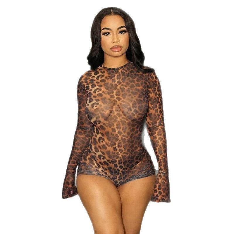Damen Transparente Bodysuit mit Leopardenmuster R&B