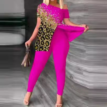 Damen Einseitig Off-Shoulder Jumpsuit mit Animal-Print und funkelnden Akzenten R&B