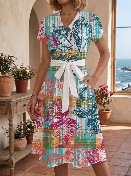 Damen lässiges Maxikleid mit taillierbarem Knoten und dekorativem Karomuster R&B