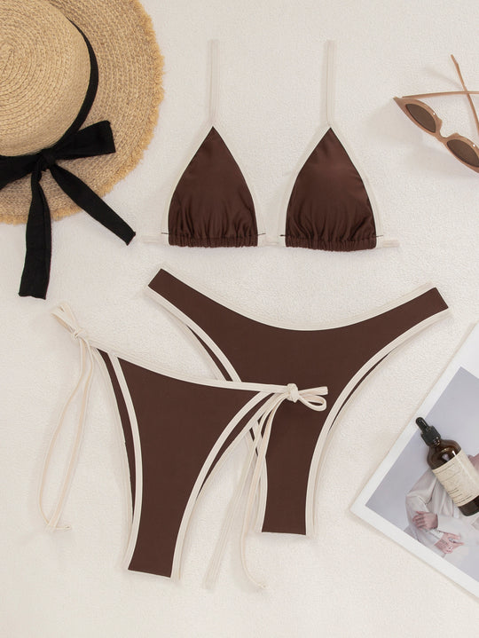 Damen Triangel-Bikini-Set mit verstellbaren Bindebändern und kontrastierenden Akzenten R&B