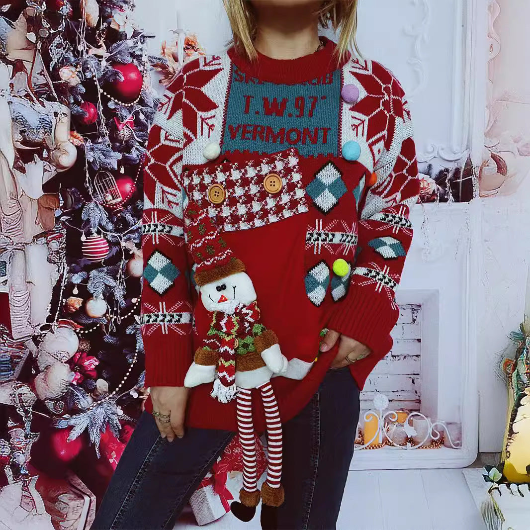 Damen festlicher Pullover mit winterlichem Schneemann-Motiv und dekorativen Details R&B
