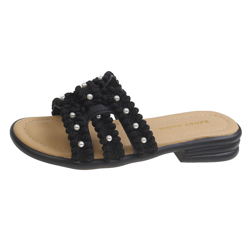 Damen Elegante Slide-Sandalen mit modischen Perlen- und Fransenakzenten R&B