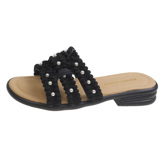 Damen Elegante Slide-Sandalen mit modischen Perlen- und Fransenakzenten R&B