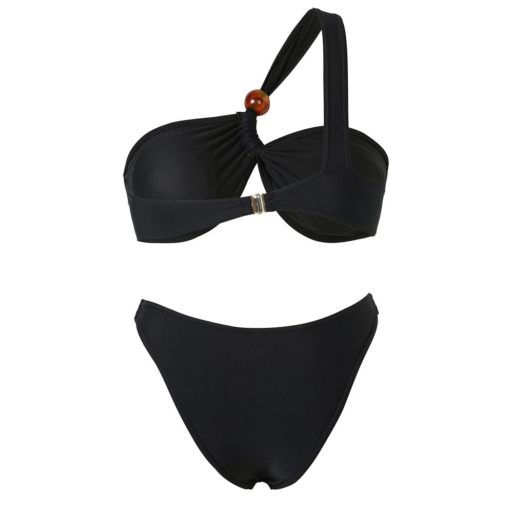 Damen Bikini-Set mit asymmetrischem Halter-Neck und dekorativen Hosenknöpfen R&B