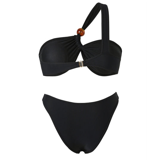 Damen Bikini-Set mit asymmetrischem Halter-Neck und dekorativen Hosenknöpfen R&B