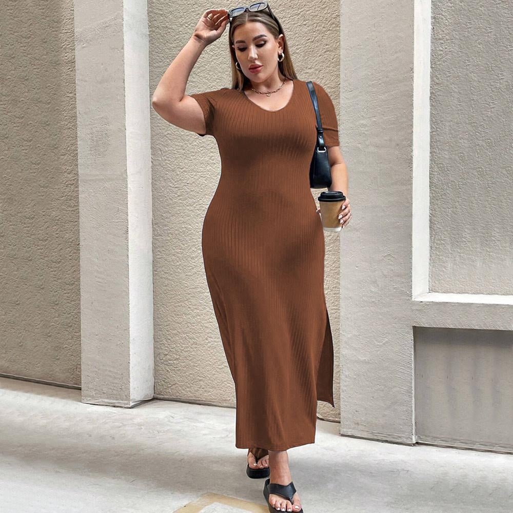 Damen Figurbetontes Maxikleid mit Seitenschlitz und Rippenstruktur R&B