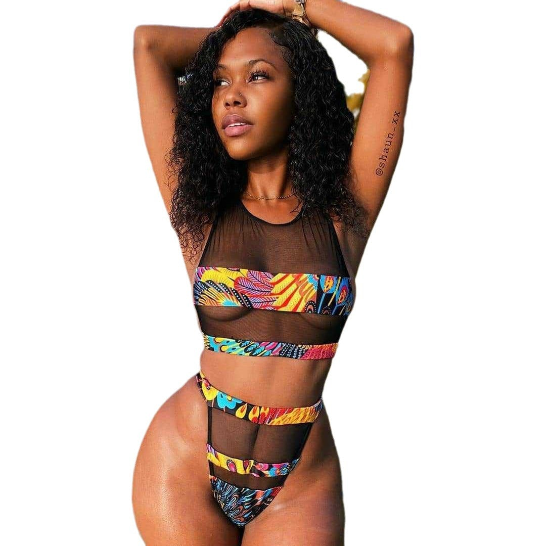 Damen Bikini-Set mit transparenten Einsätzen und bunten Akzenten R&B