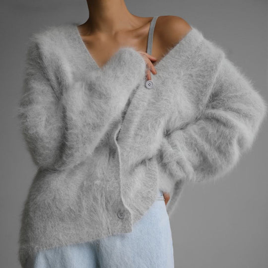 Damen weicher Strickcardigan mit luxuriösem Mohair-Anteil und lässigem Schnitt R&B