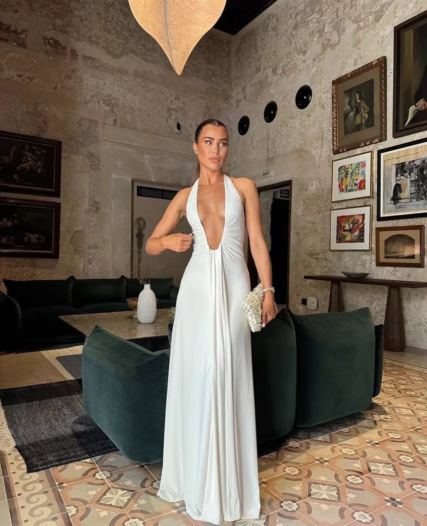 Elegantes Damen Maxikleid mit Tiefem V-Ausschnitt & Rüschendesign für Abend & Events | R&B